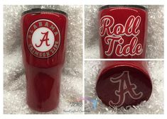 a red tumbler with the university of alabama logo on it and another photo of its lid