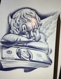 a pencil drawing of an angel holding a stack of money on top of a piece of paper