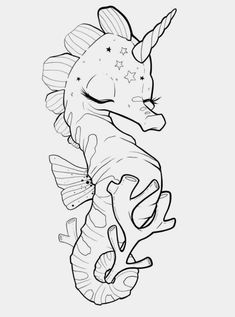 a drawing of a seahorse with stars on its back and tail, in black and white