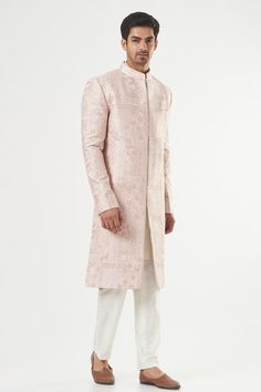 Blush pink sherwani in silk base with floral embroidery. Comes with a pant. - Aza Fashions Pink Bandhgala With Resham Embroidery For Eid, Pink Bandhgala With Chikankari Embroidery For Eid, Fitted Pink Sherwani With Chikankari Embroidery, Pink Fitted Sherwani With Chikankari Embroidery, Elegant Pink Sherwani With Resham Embroidery, Elegant Pink Sherwani With Intricate Embroidery, Elegant Pink Sherwani With Dabka Detailing, Elegant Pink Sherwani For Festive Occasions, Elegant Pink Sherwani For Festive Season