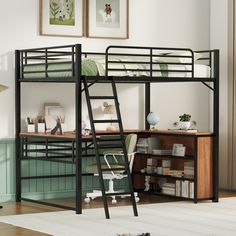 a bunk bed with a desk underneath and bookshelf on the bottom shelf below