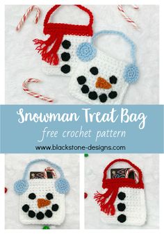 crocheted snowman treat bag with candy canes on it and the words, free crochet pattern