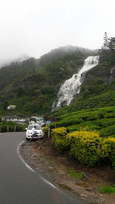 cars are parked on the side of a road near a waterfall in the mountains with yellow flowers