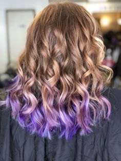 Tip Of Hair Dyed, Light Brown Hair With Vivid Color, Light Brown Hair With Colored Tips, Purple Tips Hair Brown, Kids Dyed Hair, Kids Hair Color Ideas Girls Fun, Peekaboo Hair Dye, Blonde Hair With Purple Tips, Purple Hair Tips