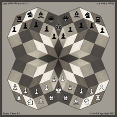 a poster with chess pieces arranged in the shape of a hexagonal figure on a gray background