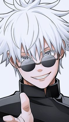 an anime character with white hair and sunglasses giving the thumbs up