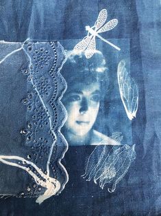 an altered photograph of a woman's face and dragonflies