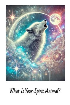 a wolf is looking up at the sky with stars and moon in it's mouth