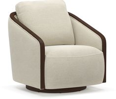 a white chair with brown trim around the armrests and back rests against a white background