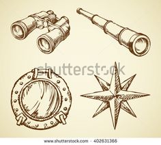 a collection of hand drawn items including binoculars, telescopes and other things to see