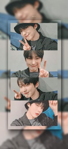 four different images of the same person making peace signs