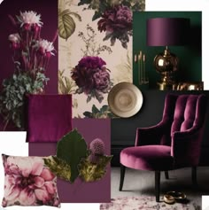 a collage of purple and green decor with flowers on the wall, chair, lamp, vase, rug, lampshade