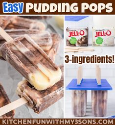 three ingredient ice cream pops are shown in this collage