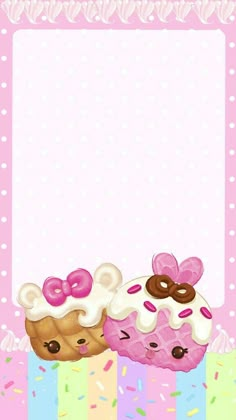 two donuts with sprinkles are in front of a pink frame