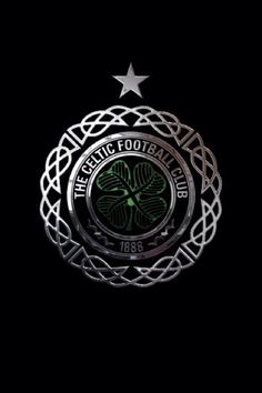 the celtic tattoo logo is shown on a black background with silver stars and shamrocks