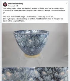 an image of a bowl with blue and white designs on it's sides, along with instructions for how to use it