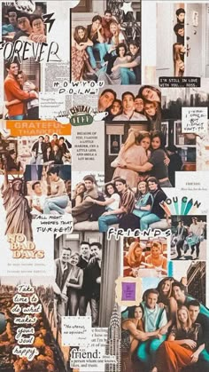 collage of photos from the tv series friends and family, with words written on them