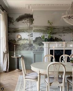 Schumacher Mural Wallpaper, Romantic Bosphorus Wallpaper, Schumacher Dining Room, Mural Dining Room, Plush Wallpaper, Dining Room Mural, Dining Room Murals, Library Restaurant, Panoramic Wallpaper