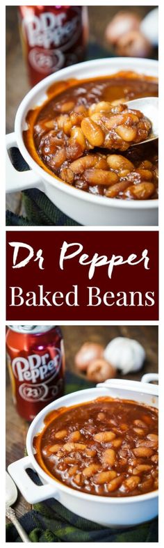 two pictures of baked beans in a white casserole dish with the words dr pepper baked beans on top