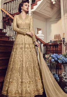 Gold Net Embroidered Lehenga Style Anarkali Suit 5804C Gold Anarkali, Indo Western Lehenga, Anarkali Tops