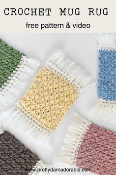 crochet mug rug with fringe pattern and video on the bottom, in different colors