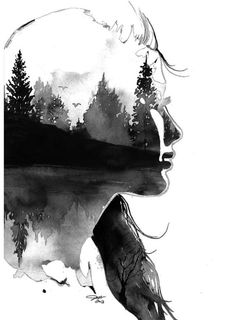 a black and white drawing of a woman's face with trees in the background