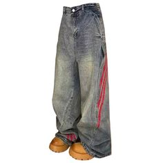 90s Style Wide Red Stripe Jeans - boogzel clothing Red Baggy Jeans With Pockets, Baggy Red Cotton Jeans, Casual Red Wide Leg Jeans, Casual Red High Rise Flare Jeans, Red Wide-leg Denim Jeans, Retro Red Wide Leg Jeans, Red Retro Denim Bottoms, High Rise Red Denim Pants, Trendy Red Cotton Flare Jeans