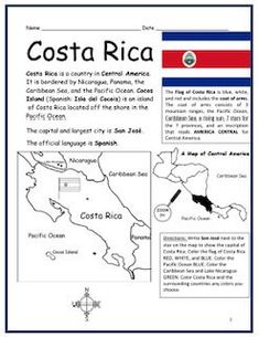 the costa rica map is shown in red, white and blue with an image of costa rica