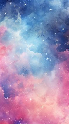 the sky is filled with stars and clouds in pink, blue, and purple colors