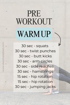 a woman doing an exercise with the words pre workout warm up