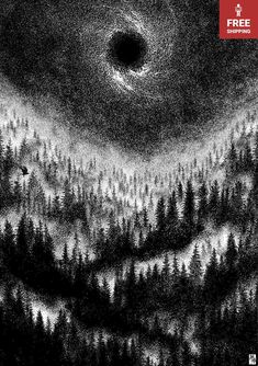 a black and white photo of trees in the sky with a dark circle above them