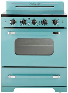 a blue stove top oven with two burners and one door on the front side