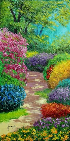 an oil painting of a garden path with flowers and trees in the background, painted on canvas