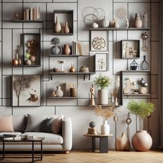 a living room filled with lots of furniture and shelves on the wall next to a window