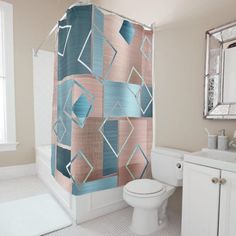 Luxe Abstract | Blush Rose Gold and Teal Geometric Shower Curtain | Modern contemporary 1990s Memphis abstract with a Nordic Scandinavian geometric shape pattern with brushed metal texture in faux metallic copper rose gold and turquoise teal blue-green with glitter accents. This hand-painted watercolor and mixed medium gradient adds the perfect pop of color and personal style. (sponsored)