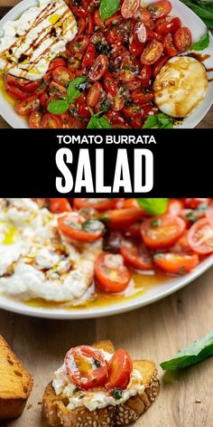 tomato and burrito salad on a white plate with the words tomato burrito salad above it