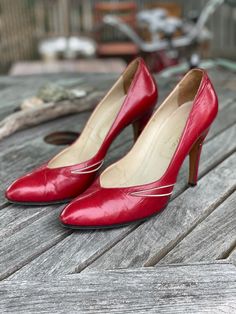 "80's Cherry Red High Heels  Made in Italy This is a Vintage item.  Sized a 9M  Sole measures 9'  Heel is about 4\" Note: I typically don't accept returns based on the item not fitting, make sure and take measurements and reach out if  I can assist in anyway." Hawaiian Floral Print, Red High Heels, Skirt And Top Set, Red High, Floral Print Maxi Dress, Floral Print Maxi, Cherry Red, Vintage Shoes, Fashion History