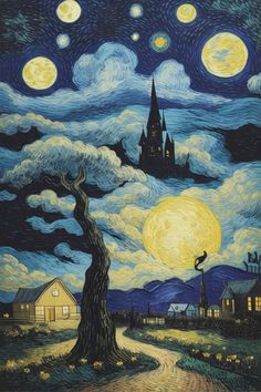 a painting of a night scene with the moon in the sky and houses on the ground