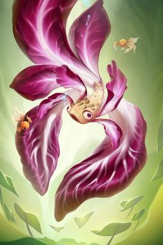 an artistic painting of a purple flower with fish in the water and leaves surrounding it