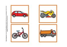 four pictures with different types of vehicles in them, including a motorcycle and a car