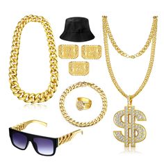 PRICES MAY VARY. Hip Hop Costume Set:This hip hop costume set includes 1 faux gold bracelet, 1 pair of gold sunglasses, 1 chunky gold chain, 3-piece Kanji-inspired gold-plated rings, 1 black hat, 1 dollar sign pendant necklace, and 1 ring; Perfect for rocking that 80s/90s rap artist look and standing out in any crowd Durable Materials:The bracelet, rings, and dollar sign pendant necklace are crafted from high-quality metal with a metallic sheen (alloy), highly rust-resistant, and corrosion-resis Hiphop Accessories, Cheap Curved Bill Hip Hop Hats, Cheap Hip Hop Trucker Hat With Curved Bill, 90s Earrings Hip Hop, Rapper Sunglasses, Hip Hop Jewelry Amazon.com, Hip Hop Accessories, 90s Accessories, Hip Hop Costumes