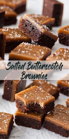 salted butterscotch brownies are stacked on top of each other