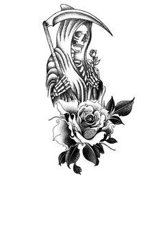 a black and white drawing of a skeleton holding a sculler with roses on it