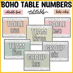 the boho table numbers are shown in different colors and sizes, including one for each group