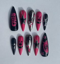 Hand made black, chrome and pink Ateez crazy form inspired press on nail set with 3d nail art and charms, shape pictured is XL stiletto Halloween Black Nails Design, 5sos Inspired Nails, Ateez Themed Nails, Nails Black Pink, Misa Inspired Nails, Nct Dream Nails, K Pop Nails Ateez, Fix On Nails Ateez, Nails Pink And Black