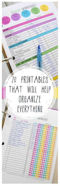 a binder with the title 20 printables that will help organize everything