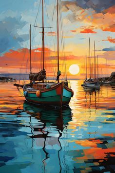 a painting of boats in the water at sunset