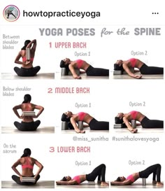 a woman doing yoga poses for the side planks and lower back bend pose with instructions