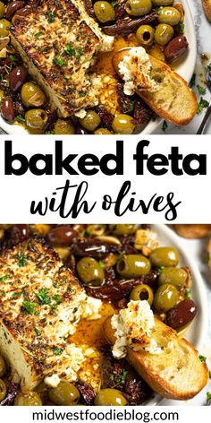 baked feta with olives on a white plate and in the background there is an image of bread, olives, and other food