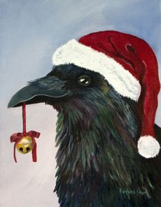 a painting of a black bird wearing a santa hat